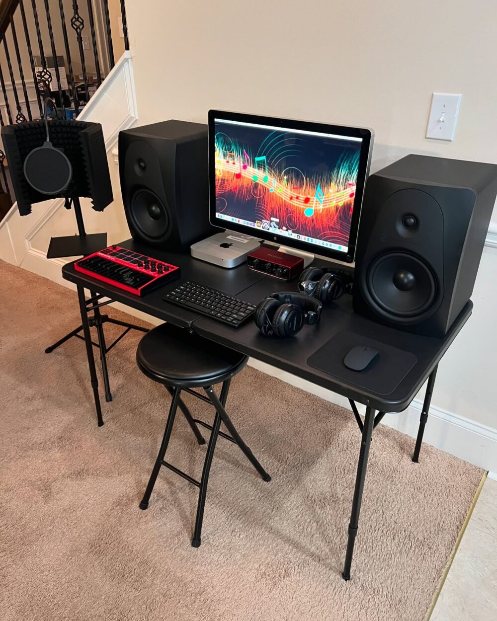 Midnight Chrome Home Studio Setup - 21” Apple Display, Mac Mini Core i5 2.8GHz 512GB SSD 16GB, Akai Midi Drum pad, 8” Sterling Monitors, Audio technica AT4040 Studio Mic