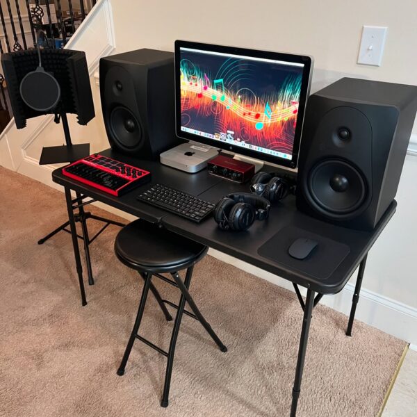 Midnight Chrome Home Studio Setup - 21” Apple Display, Mac Mini Core i5 2.8GHz 512GB SSD 16GB, Akai Midi Drum pad, 8” Sterling Monitors, Audio technica AT4040 Studio Mic